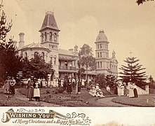 Shubra Hall and the Main School Building and students of the Presbyterian Ladies' College, Sydney, 1892.