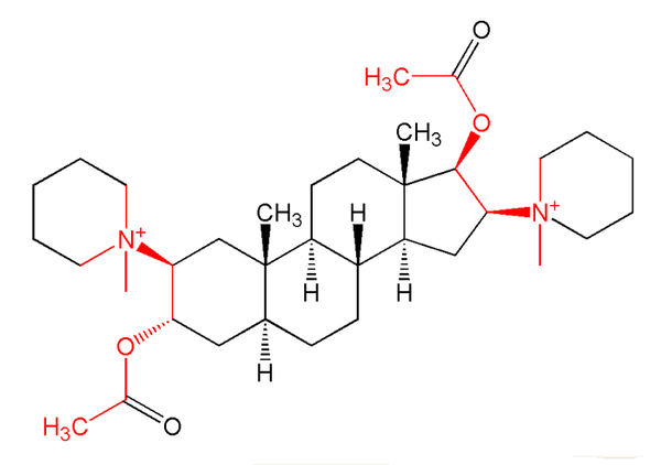Chemical diagram of pancuronium, with red lines indicating the two acetylcholine "molecules" in the structure