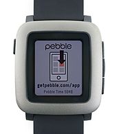 The Pebble Time in grey, showing initial screen out-of-box Pebble Time front.jpg