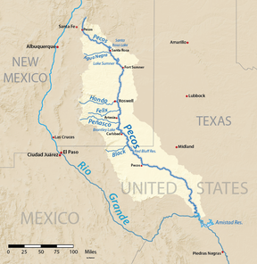 Kaart van die Pecosrivierbekken in Noord-Amerika.