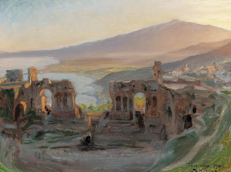 File:Peder Severin Krøyer - Aftenlandskab ved det antikke teater i Taormina med udsigt over Etna og Golfen - 1901.png