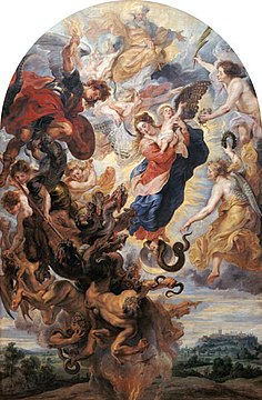 A baroque Mondsichelmadonna (Madonna on the Crescent Moon) painting by Rubens, main altarpiece of the high altar at Freising Cathedral (c. 1625). The Virgin is depicted as wearing a red dress and blue mantle while crushing a serpent under her foot.