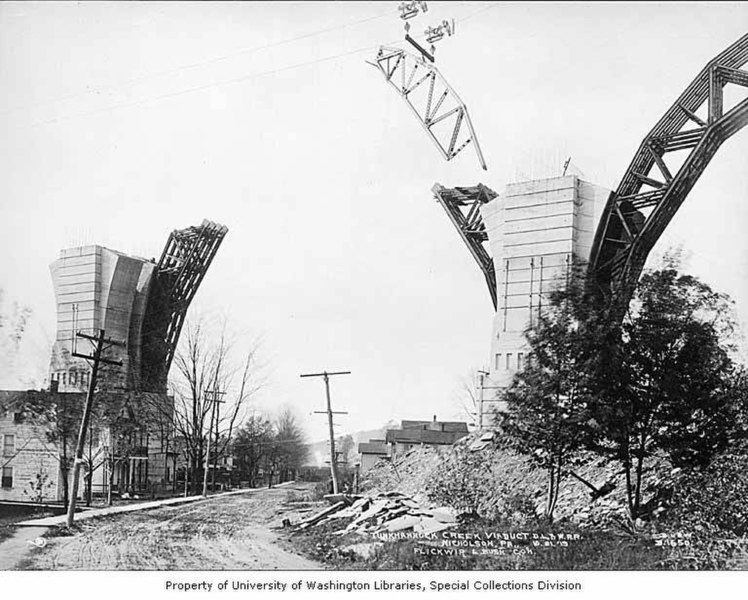 File:Piers and partially completed arch over town street, Tunkhannock Creek viaduct construction, Nicholson, Pennsylvania, October 21 (TRANSPORT 945).jpg