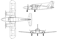 3-view line drawing of the Piper PA-23 Aztec