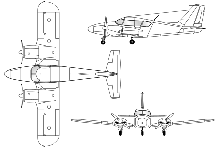 3-view line drawing of the Piper PA-23 Aztec