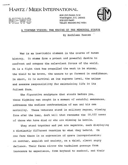 Press Release from The Three Soldiers Statue dedication on Nov. 11, 1984