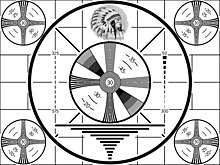 Indian-head test pattern used during the black-and-white era before 1970. It was displayed when a television station first signed on every day. RCA Indian Head test pattern.JPG