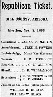 Thumbnail for File:Republican ticket for Gila County, Arizona for the November 3, 1896 election reported in the Arizona Silver Belt on October 22, 1896.jpg