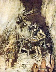 Mime offers food to the young Siegfried, an orphan he is raising; Illustration by Arthur Rackham to Richard Wagner's Siegfried Ring36.jpg