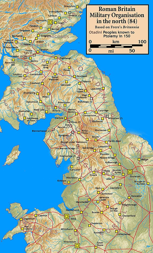 A map of the Roman north c. 84, including Dere Street between Eboracum and Veluniate near Camelon