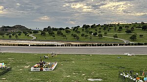 A view of the cemetery from the east, with the SkyRose Chapel in view. Rose Hills Memorial Park east view.jpg