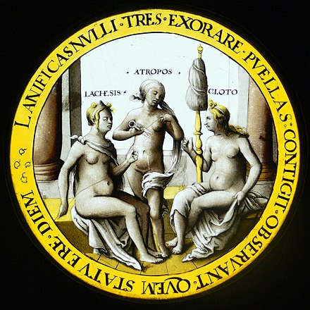 The Three Fates, tondo oleh Hans Vischer, c. 1530 (Kunstgewerbemuseum Berlin)