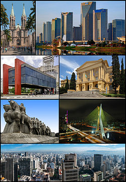 Photo montage o the ceety o São Paulo. Frae the top, left tae richt: São Paulo Cathedral; Unitit Naitions Business Center; São Paulo Museum o Airt on Paulista Avenue; Paulista Museum; Bandeiras Monument; Octávio Frias de Oliveira Brig; an owerview o the historic dountoun frae Altino Arantes Biggin.