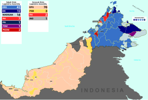 State legislative assembly constituencies in Sabah and Sarawak, by party affiliation. Sabah Sarawak state assembly constituencies, 2022, by party.svg