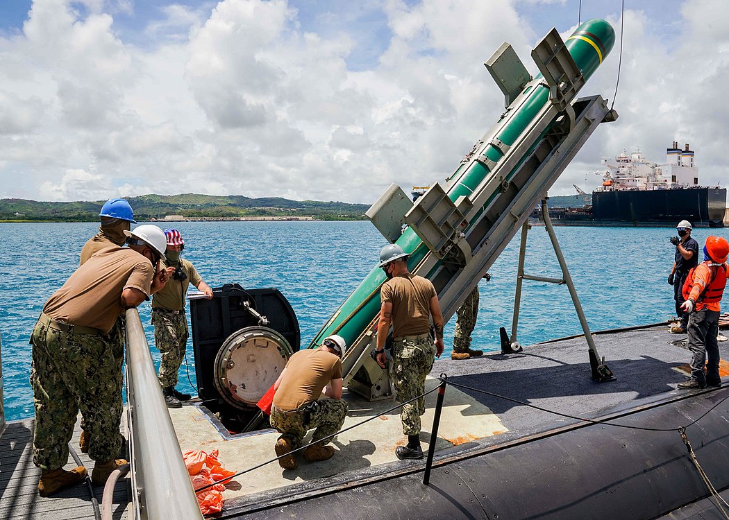 A Harpoon training missile is loaded onto the USS Asheville during a certification exercise in 2020.
