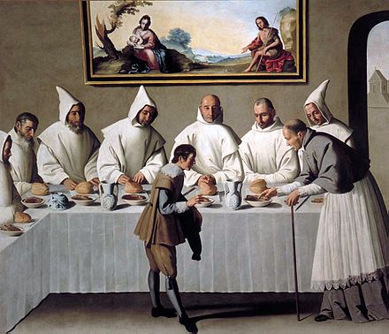 Painting in the Charterhouse of Nuestra Señora de las Cuevas in Seville by Francisco de Zurbarán. The scene depicts Hugh of Grenoble with his brothers in the refectory.
