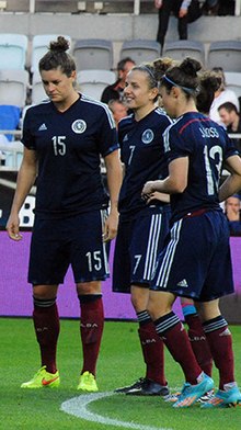 Beattie (left, #15) with Scotland teammates, 2014 Scotland WNT 17914 (15).jpg