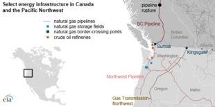 Selected energy infrastructure in the northwest. The Northwest Pipeline is shown in light red. Select energy infrastructure in Canada and Pacific Northwest (45374931872).png