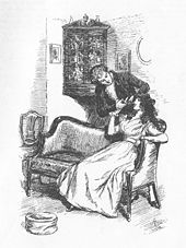 A 19th-century illustration showing Willoughby cutting a lock of Marianne's hair