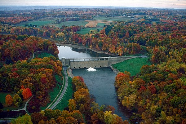 The Shenango River, flowing from the dam of Shenango River Lake in South Pymatuning Township, Mercer County, Pennsylvania