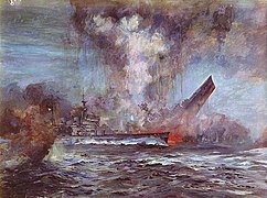 Skipet HMS «Hood» var kjent som «The Mighty Hood». Da skipet gikk ned i kamp med det tyske slagskipet «Bismarck» ble det britiske folk sjokkert Maleri: Julius Caesar Schmitz
