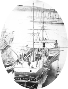 SMS Vulcano at Pula in 1879, this ship, acting as a balloon carrier, launched the first naval aviation attack in 1849 against Venice Sms vulcan in pola.png
