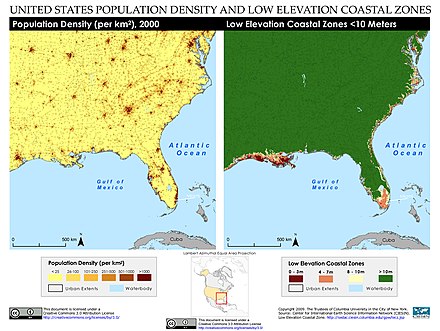 South eastern USA population density and low elevation coastal zones.