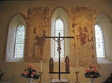 Inside the lutheran church of Sprakensehl Sprakensehl Altarwand Kreuzigungsgruppe.jpg