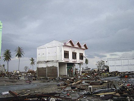Tsunami inundation height can be seen on a house in Banda Aceh