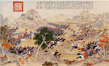 Battle of Qurman, 1759. General Fu De, on his way to relieve the siege of Khorgos, was suddenly attacked by an enemy force of 5,000 Muslim cavalry and with less than 600 men Fu De defeated the Muslims. By Jean-Damascène Sallusti