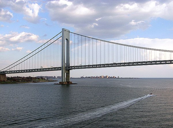 View of the Verrazzano-Narrows Bridge from Upper New York Bay, with Coney Island in the distance