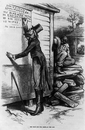 Editorial cartoon from the January 18, 1879, issue of Harper's Weekly criticizing the use of literacy tests. It shows "Mr. Solid South" writing on wall, "Eddikashun qualifukashun. The Blak man orter be eddikated afore he kin vote with us Wites, signed Mr. Solid South."