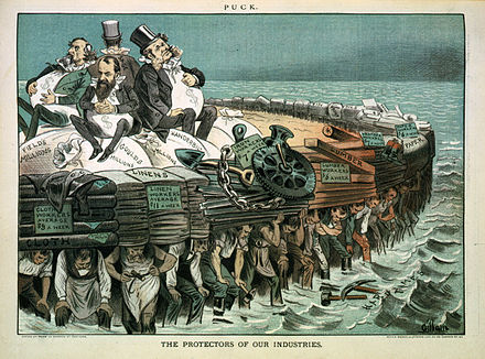 Cartoon showing Cyrus Field, Jay Gould, Cornelius Vanderbilt, and Russell Sage, seated on bags of "millions", on large heavy raft made of low wages and high prices being carried by workers