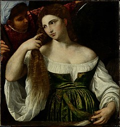 Portrait d’une jeune femme tenant de sa main droite une natte de sa chevelure. Tableau identique au tableau du Louvre.