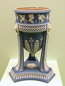 Neoclassical lion mascarons on a tripod vase, by Wedgwood, c.1805, jasperware, Brooklyn Museum, New York City