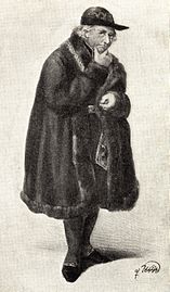 Skådespelaren Ulrik Torsslow i rollen som Ludvig XI. Teckning.