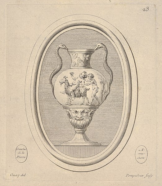 File:Vase with mask, a nude cup-bearing figure riding a goat followed by a satyr, and reptile handles, an oval composition MET DP834147.jpg
