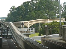 The switch track connecting the Epcot line with the Magic Kingdom Express beam at the Transportation and Ticket Center station WDWMonorailSpur.jpg