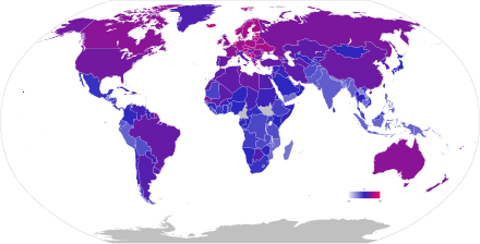 Weltkarte der durchschnittlichen Körpergröße des Geburtsjahrgangs 2000 