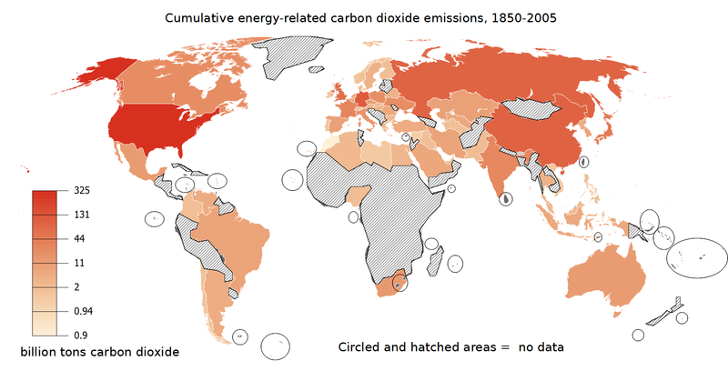 File:World map of cumulative energy-related carbon dioxide emissions, 1850-2005. The darker the color, the larger the emissions.png