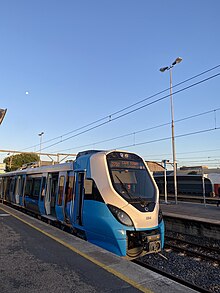 New Metrorail trainset the X'Trapolis Mega referred to stimela sa bantu X'Trapolis Mega in Cape Town.jpg