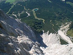 View looking down from the Schneefernerscharte towards Ehrwald