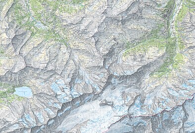 Federal Office of Topography swisstopo map of lake Oeschinensee, Blüemlisalp mountains, upper valley Kiental in North and Gimmelwald