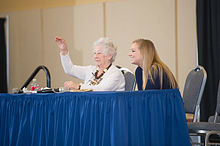 Margaret Furst speaking at Texas A&M University-Commerce's Holocaust Remembrance Day on April 13, 2015 15133-Holocaust Remembrance Day Margaret Furst-8487 (16516927503).jpg