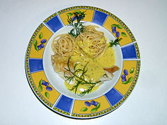 Spaghetti served with dishwasher salmon