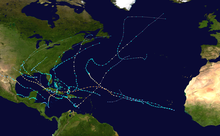 Карта на Атлантическия океан, изобразяваща следите от 17 тропически циклона.