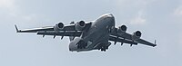 A US Air Force C-17 Globemaster III, tail 00-0171, on final approach to Kadena Air Base in Okinawa, Japan. It is assigned to the 176th Wing of the Alaska Air National Guard, and is originally from Joint Base Elmendorf–Richardson in Anchorage, Alaska.