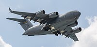 A US Air Force C-17 Globemaster III, tail 00-0171, on final approach to Kadena Air Base in Okinawa, Japan. It is assigned to the 176th Wing of the Alaska Air National Guard, and is originally from Joint Base Elmendorf–Richardson in Anchorage, Alaska.