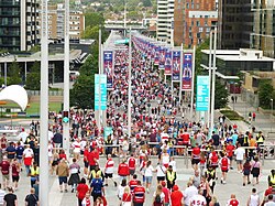 Fans departing Wembley Stadium following the 2023 Challenge Cup Final.