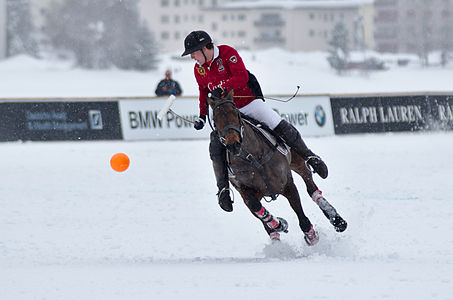 A Cartier player during the Cartier vs Ralph Lauren match during the 30th St. Moritz Polo World Cup on snow on the 02/02/2014